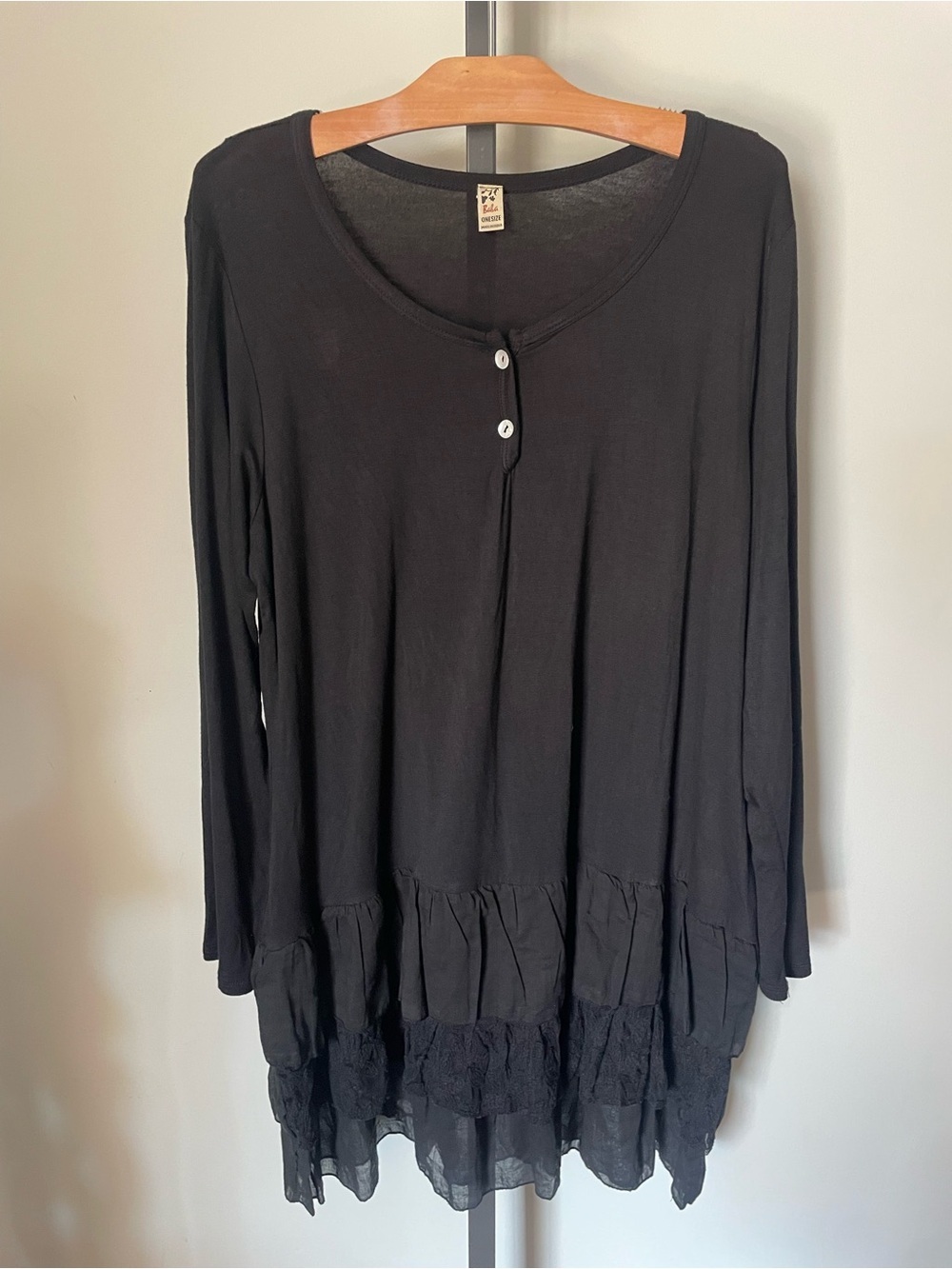 Baba Henley Ruffle Tiered Lace Trim Dress Lagenlook Boho Fairy Whimsigoth Black